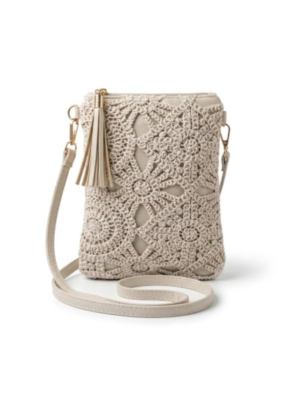 Women's Faux Leather & Crochet Crossbody Bag with Adjustable Strap